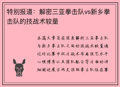 特别报道：解密三亚拳击队vs新乡拳击队的技战术较量